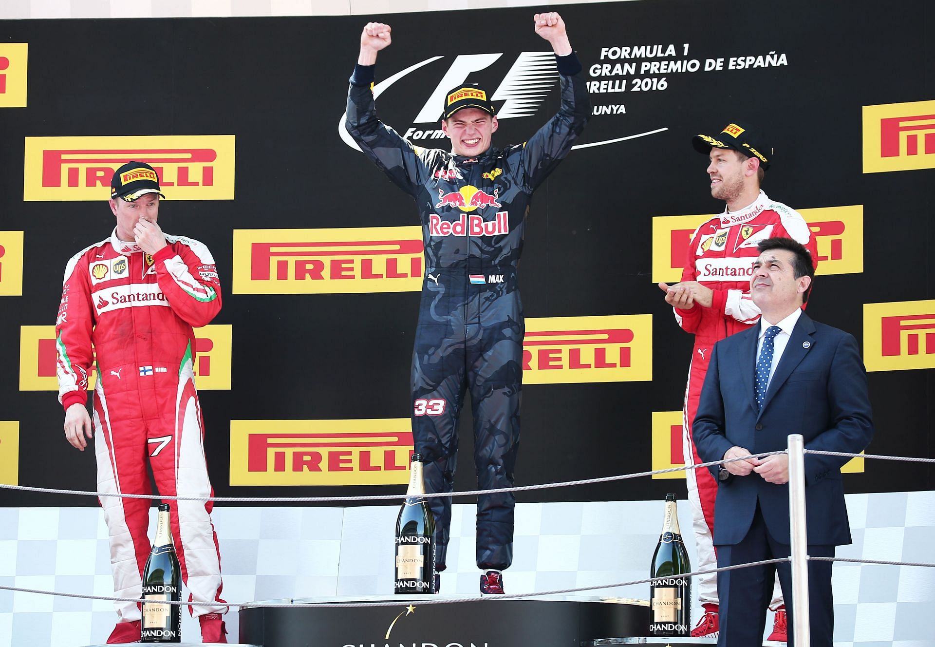 Max Verstappen, Kimi Raikkonen and Sebastian Vettel on the podium after the 2016 Spanish GP (GETTY)