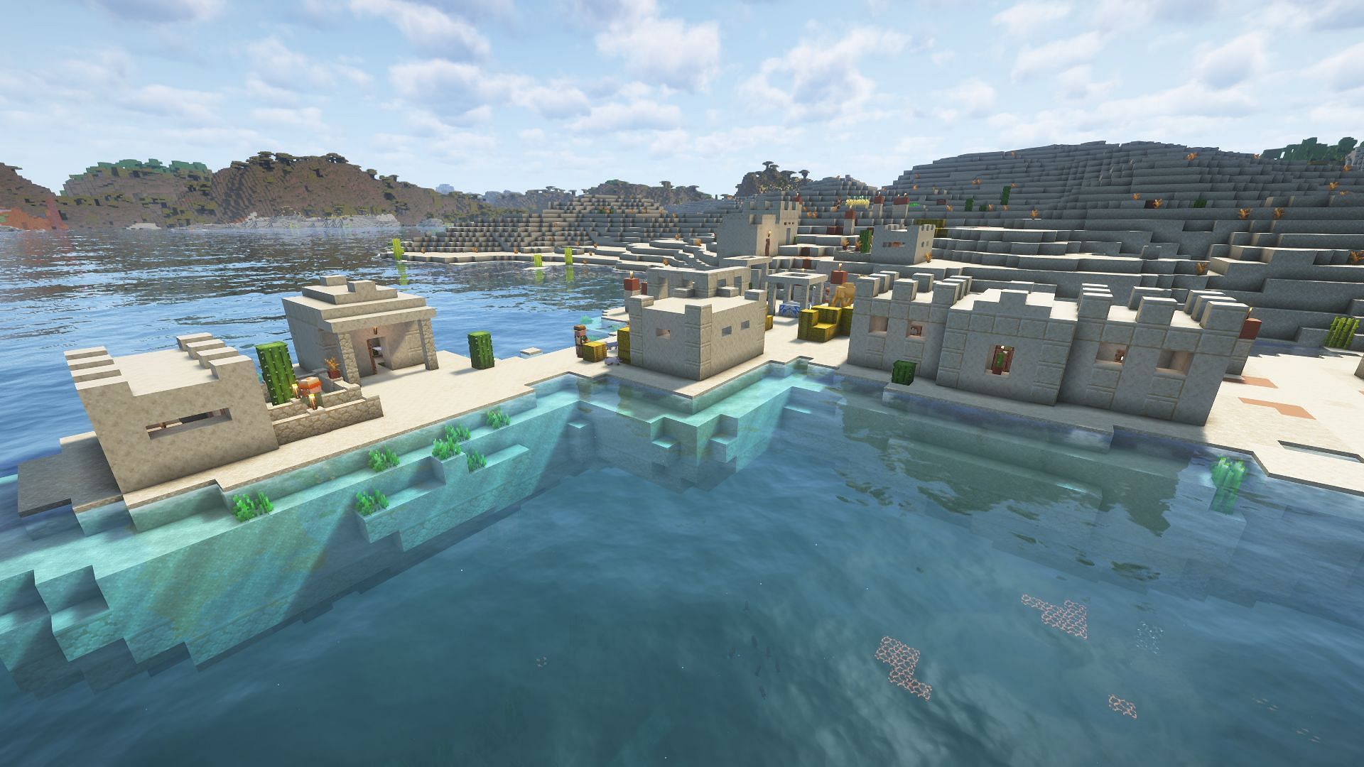 Coastal desert villages are the best kind of desert village for aesthetics (Image via Mojang)