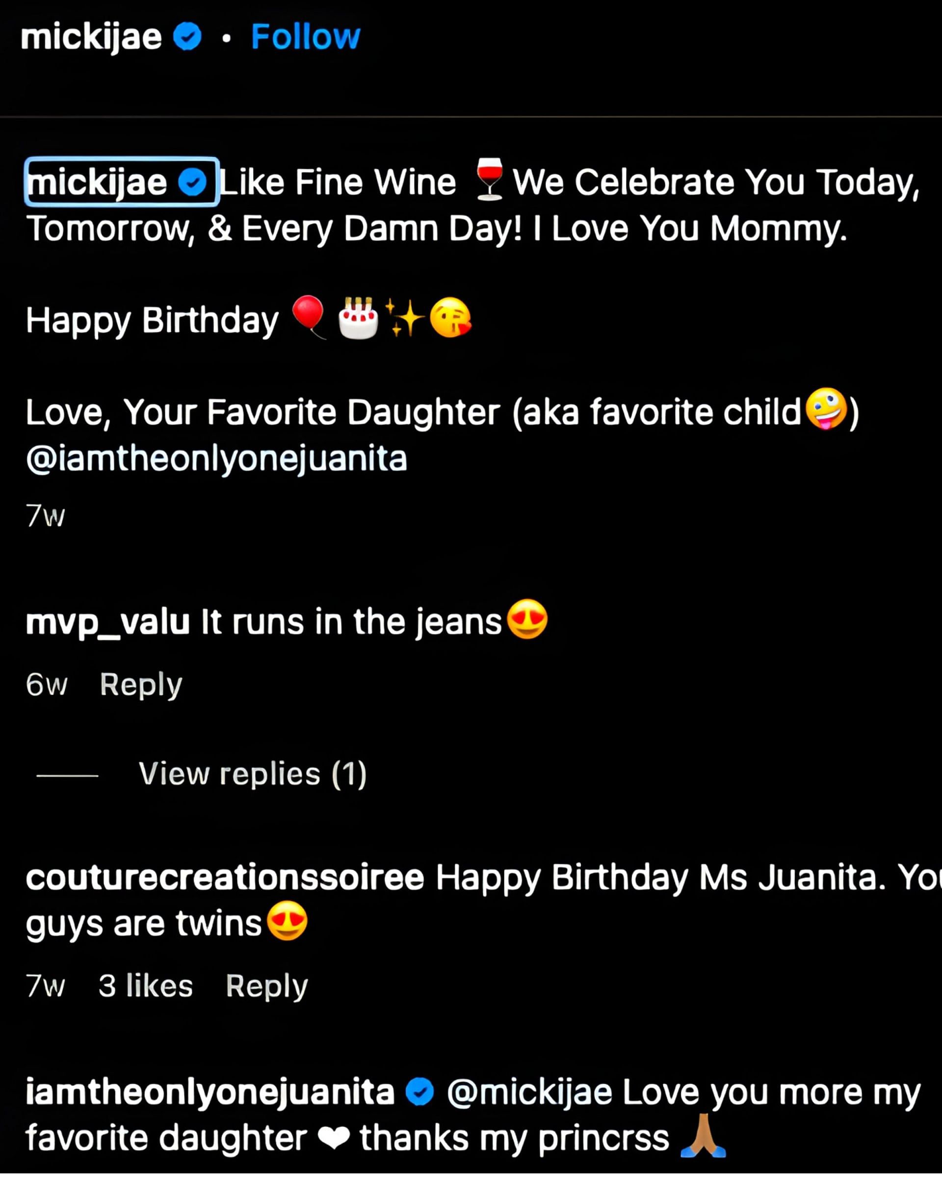 Juanita Vanoy commented on Jasmine's IG post (Image Source: @mickijae/Instagram)