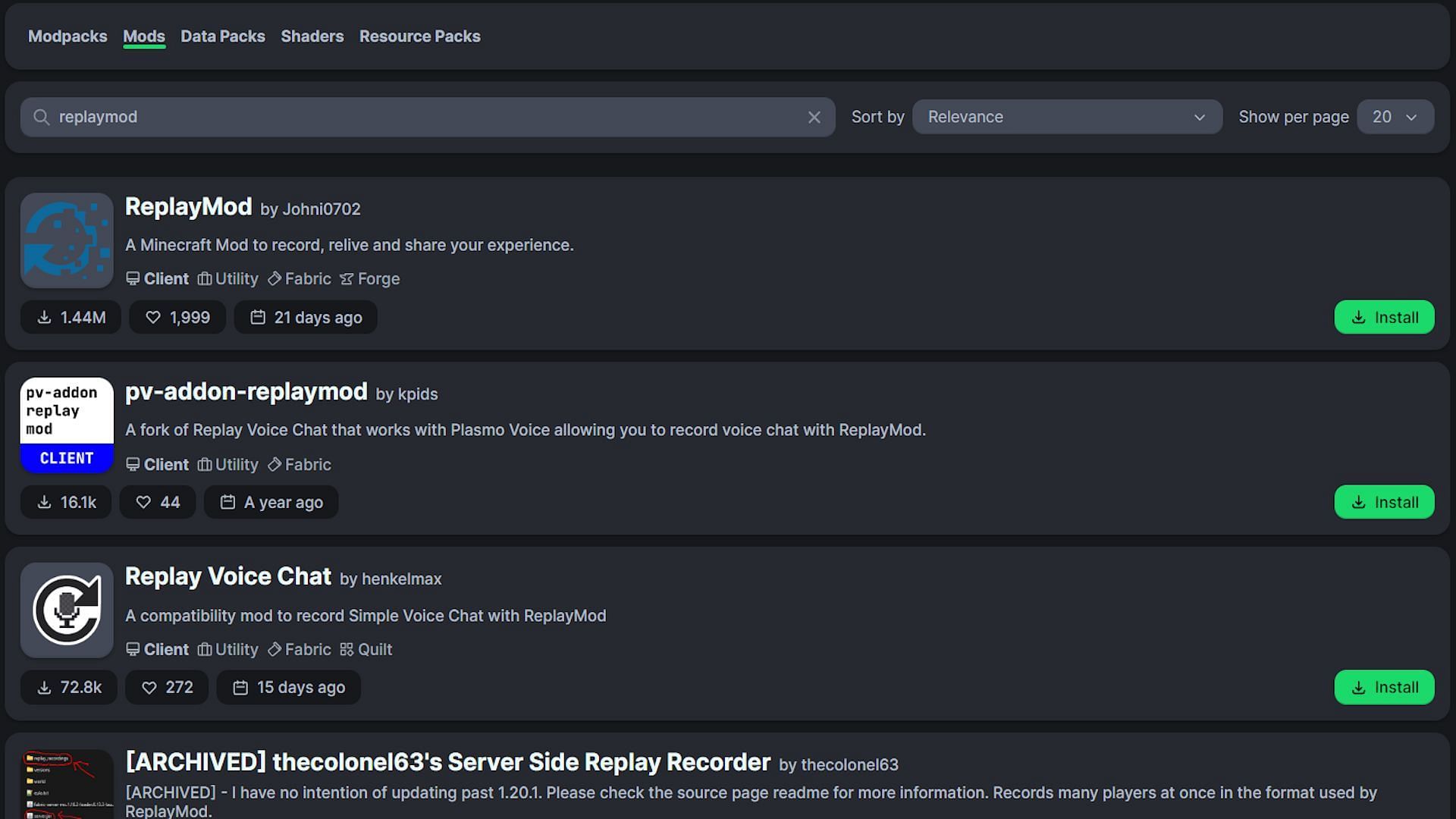 &quot;replaymod&quot; is a better search term on Modrinth (Image via Modrinth)
