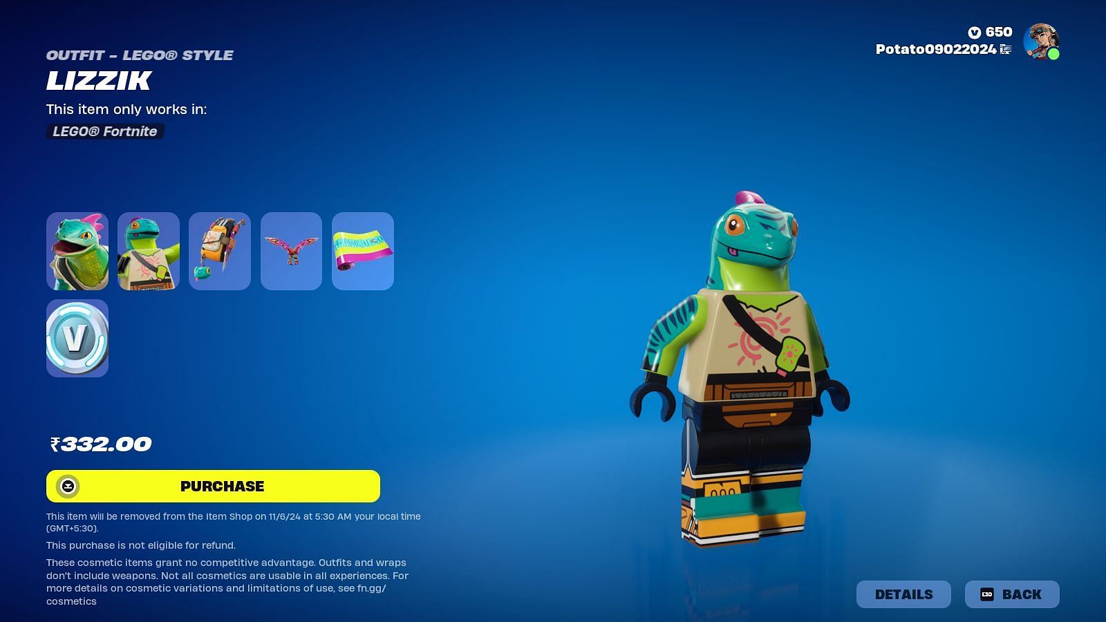 The Lizzik skin will remain listed until August 20, 2024 (Image via Epic Games)