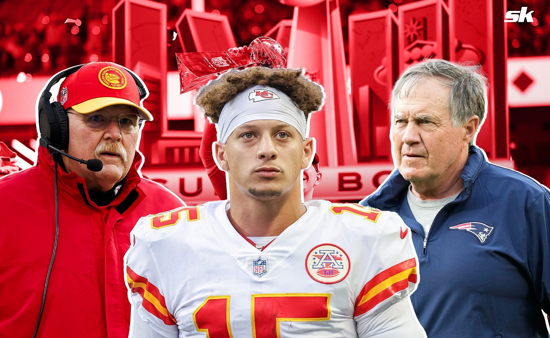 Andy Reid, Patrick Mahomes, and Bill Belichiick