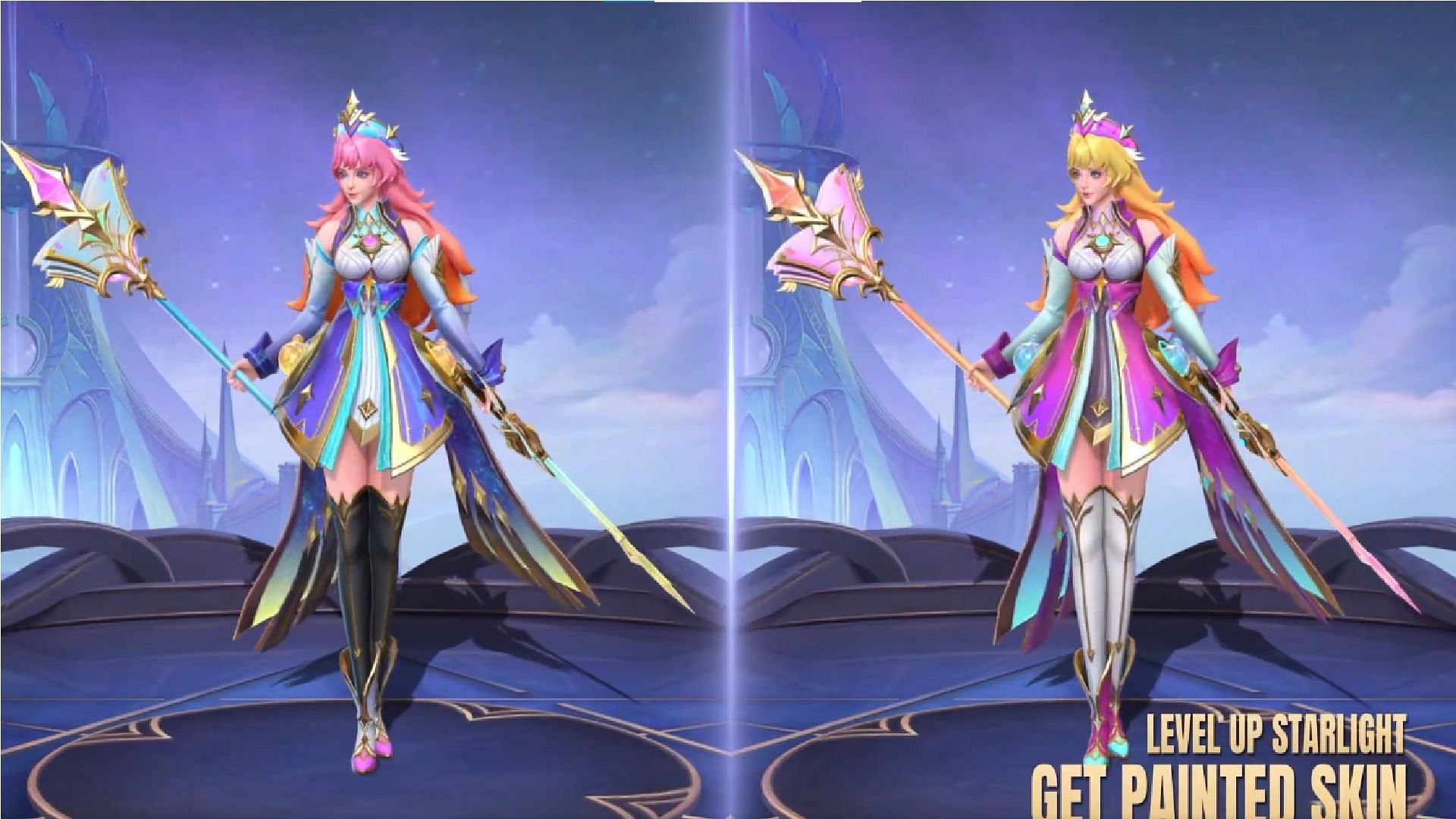 Side-by-side comparison of the two variations of Odette &quot;Wisdom of Stars&quot; skin (Image via Moonton Games)