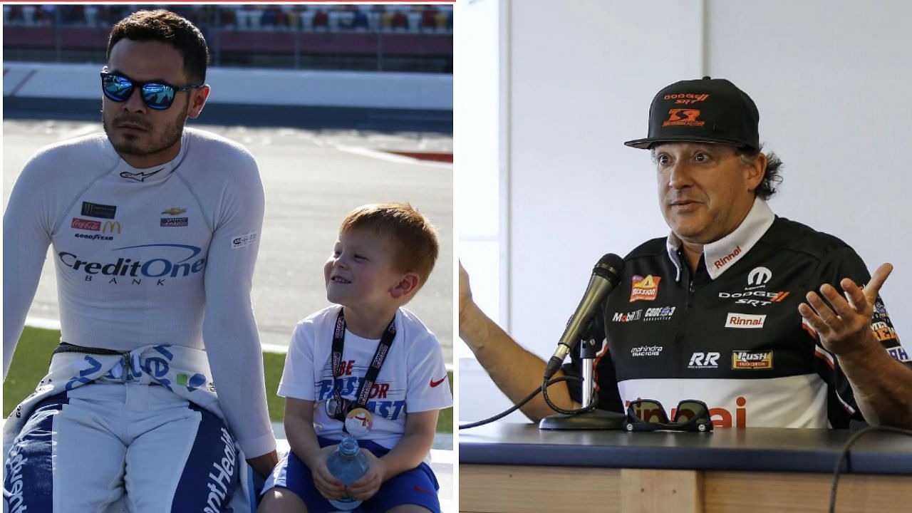 Hendrick Motorsports driver Kyle Larson with son Owen (L) and Stewart-Haas Racing co-owner Tony Stewart (R). (Image source - Getty)