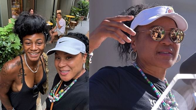 South Carolina’s Dawn Staley poses with Serena Williams while sending out wishes to Sha'Carri Richardson for winning silver at 2024 Paris Olympics