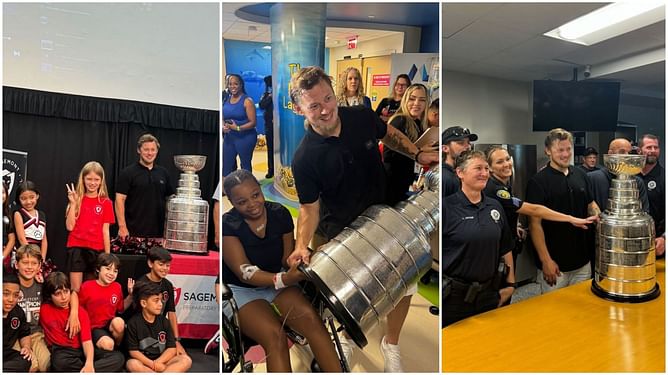 Vladimir Tarasenko brings Stanley Cup trophy to patients at Broward Heath and fire rescue station in Fort Lauderdale as part of champions tour