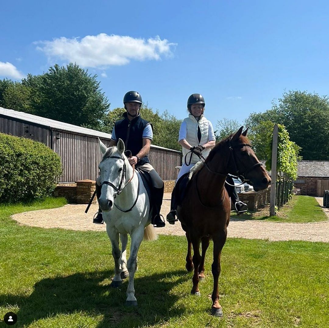 Christian Horner and Geri Halliwell riding their horse in the backyard (Source: @christianhorner on Instagram)