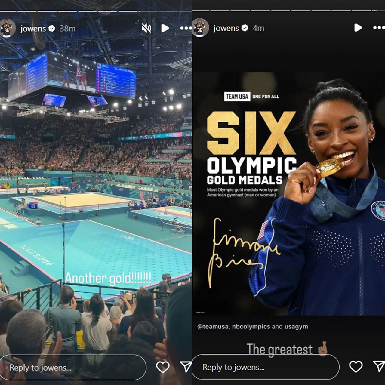 Jonathan Owens Simone Biles stories&#039; screenshots collage (Credit: Instagram stories @jowens)