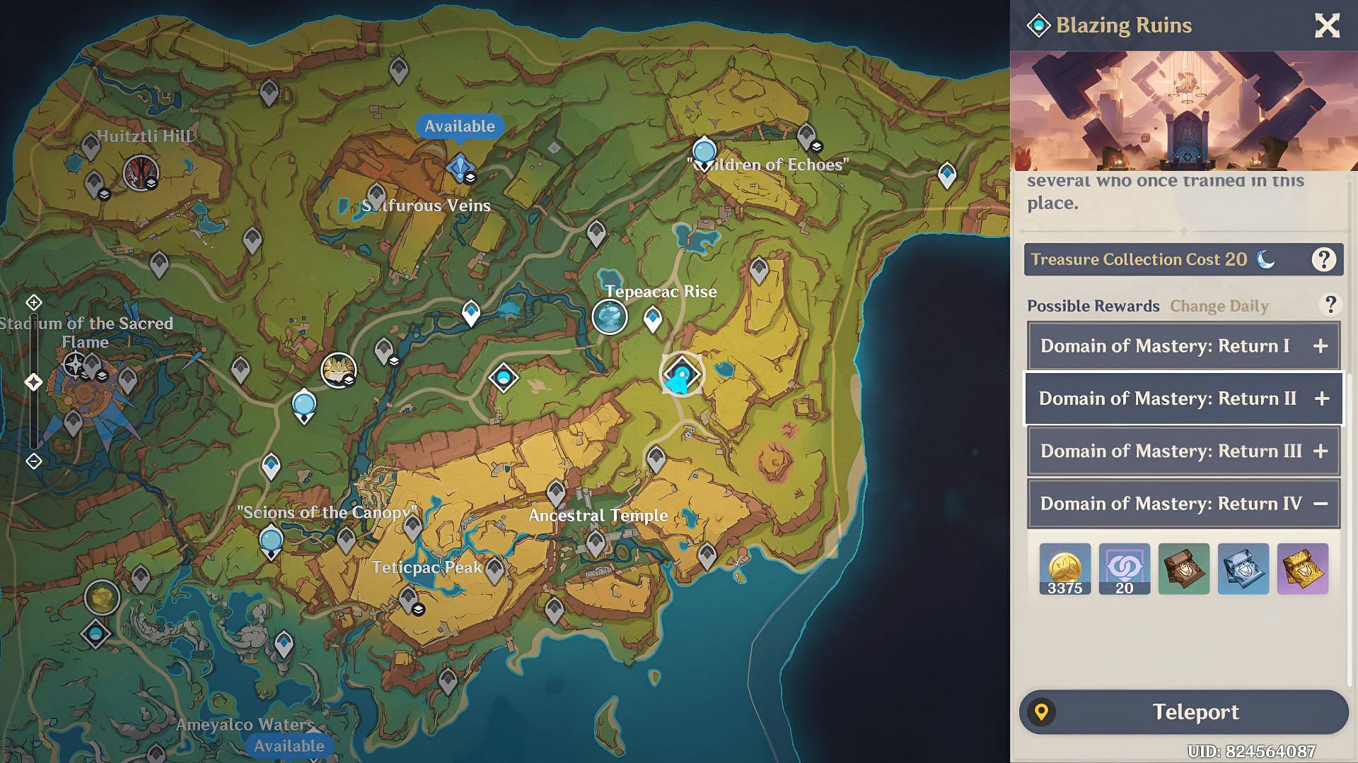 The Blazing Ruins domain location on the map (Image via HoYoverse)