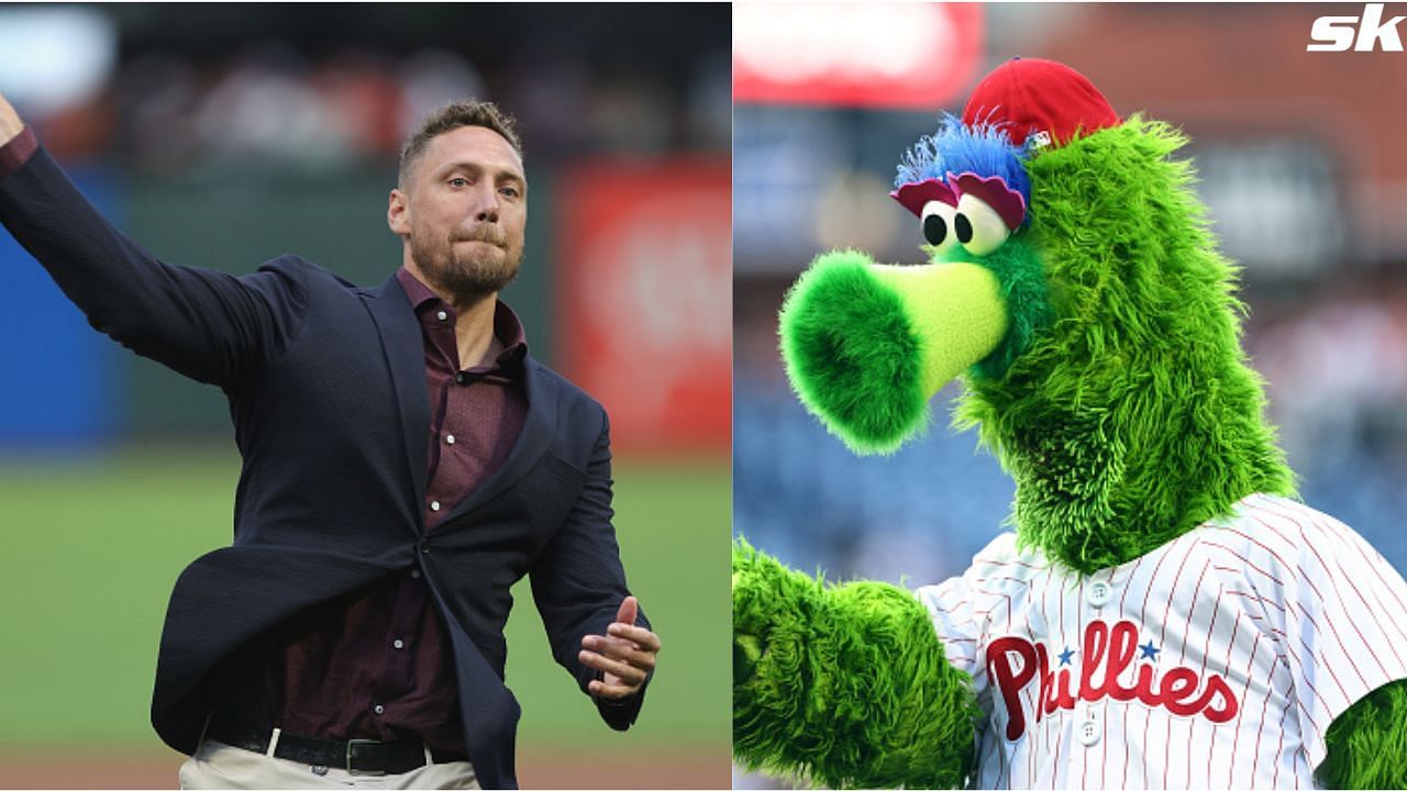 2x World Series champ Hunter Pence throws unique ceremonial first pitch to Phillie Phanatic ahead of game