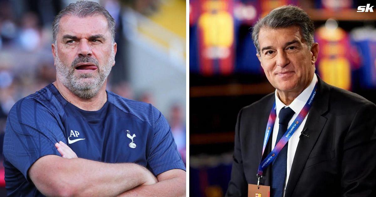 Tottenham boss Ange Postecoglou (L) and Barcelona