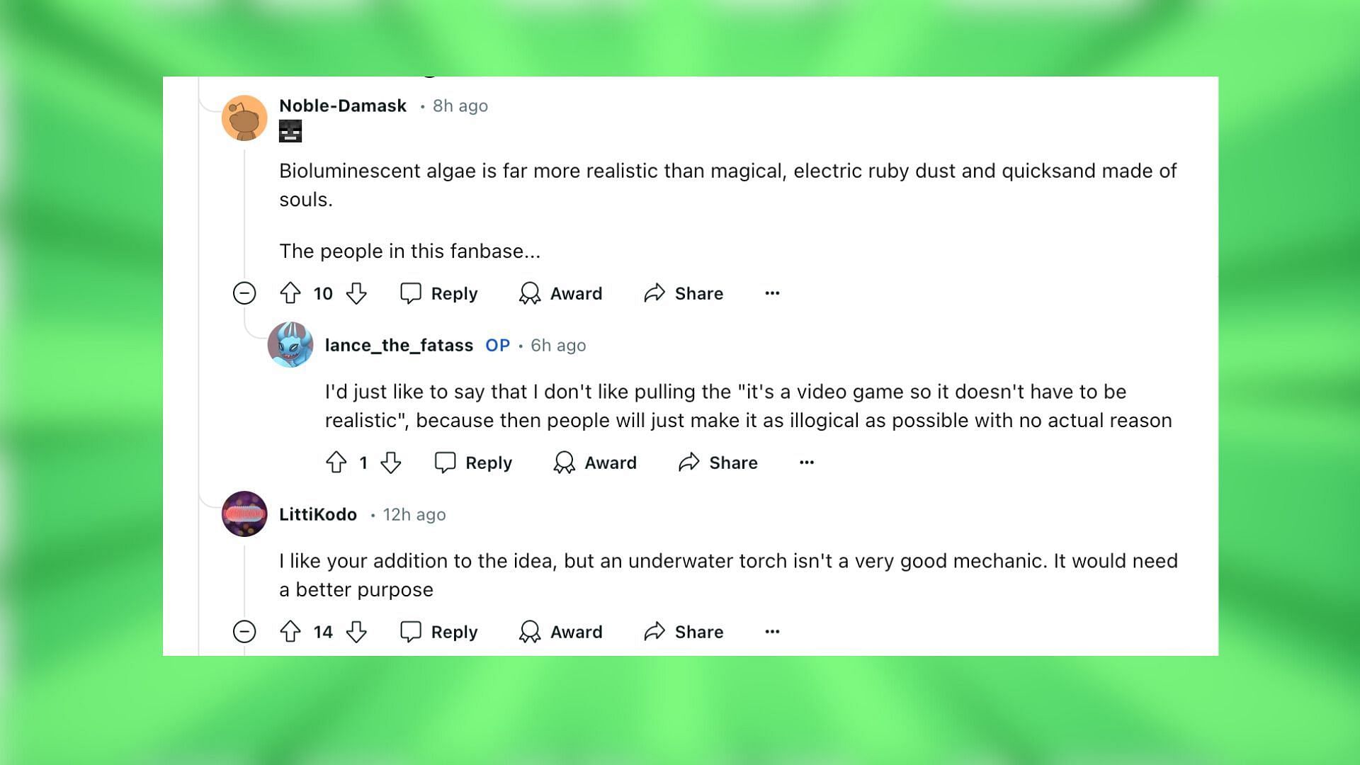 Reddit reacts to the concept of green torch. (Image via Reddit/lance_the_fatass)