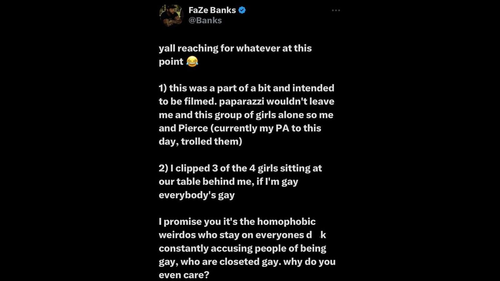 FaZe Bank responded to the backlash he received regarding the video in a now-deleted X post (Image via DramaAlert/Twitter)