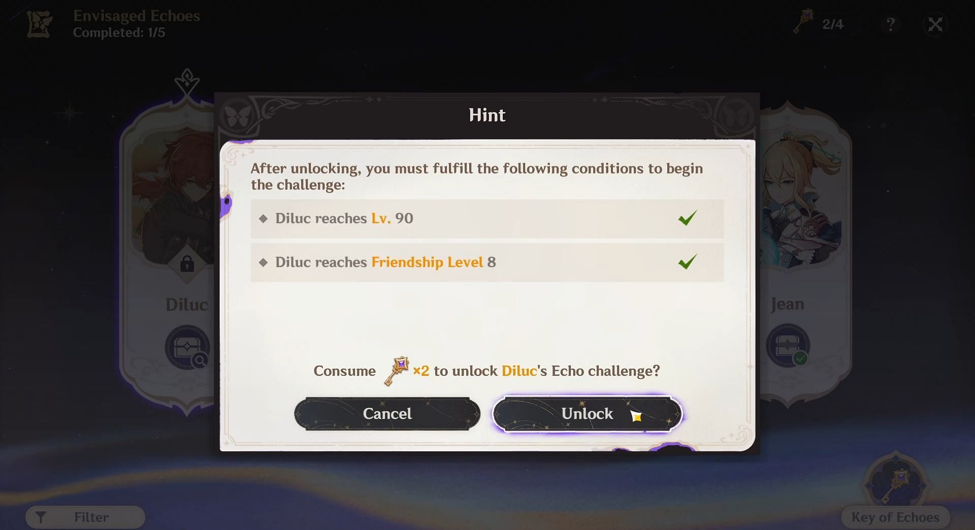 You can unlock Diluc&#039;s stage using two Keys of Echoes if you fulfill all these conditions (Image via HoYoverse)