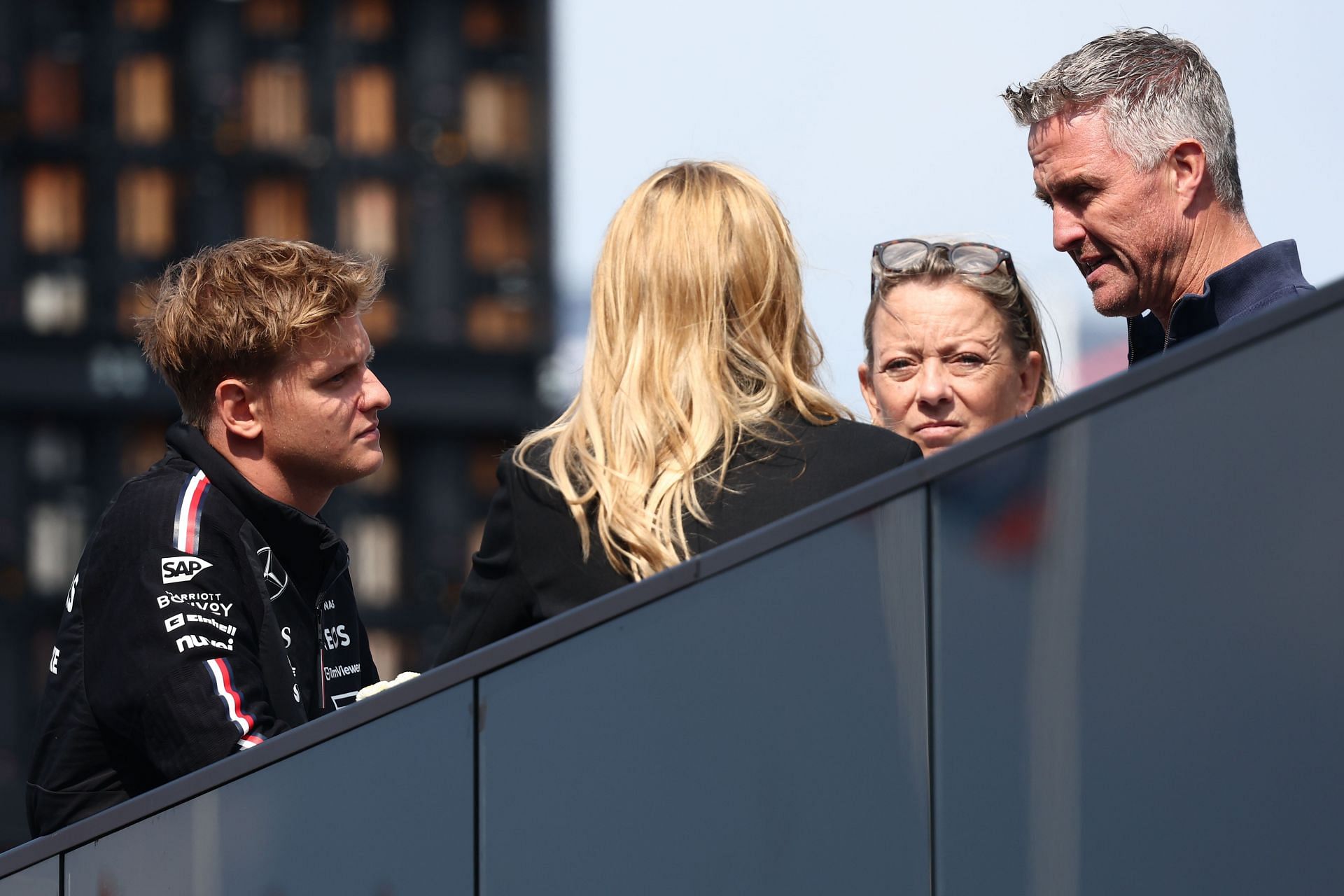 Mick Schumacher, Sabine Kehm and Ralf Schumacher at Circuit Zandvoort in Zandvoort, Netherlands on August 25, 2024. (Photo by Jakub Porzycki/NurPhoto via Getty Images)