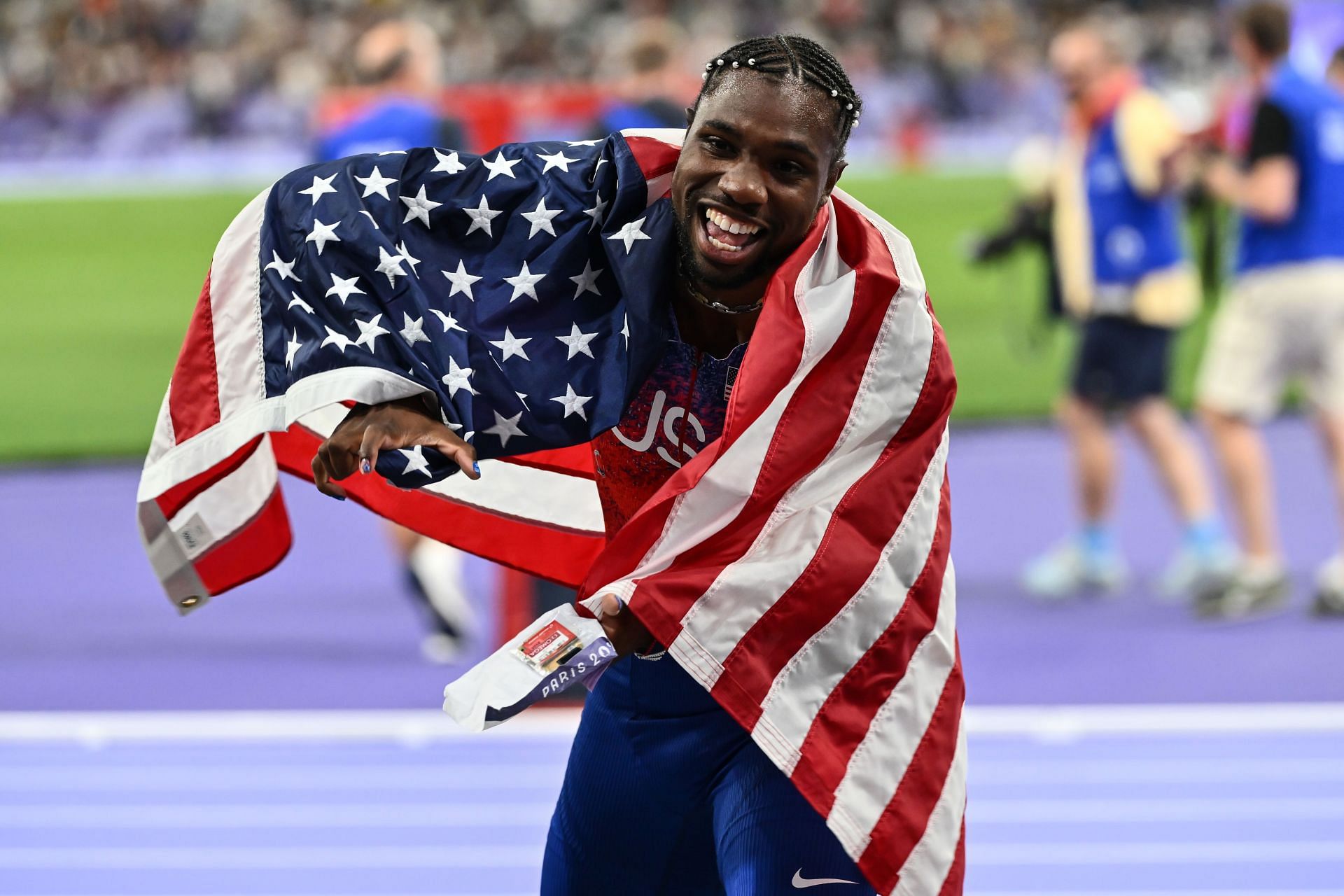 Noah Lyles of Team United States celebrates winning the gold medal during the Men&#039;s 100m Final at the Olympic Games 2024 at Stade de France in Paris, France. (Photo by Getty Images)