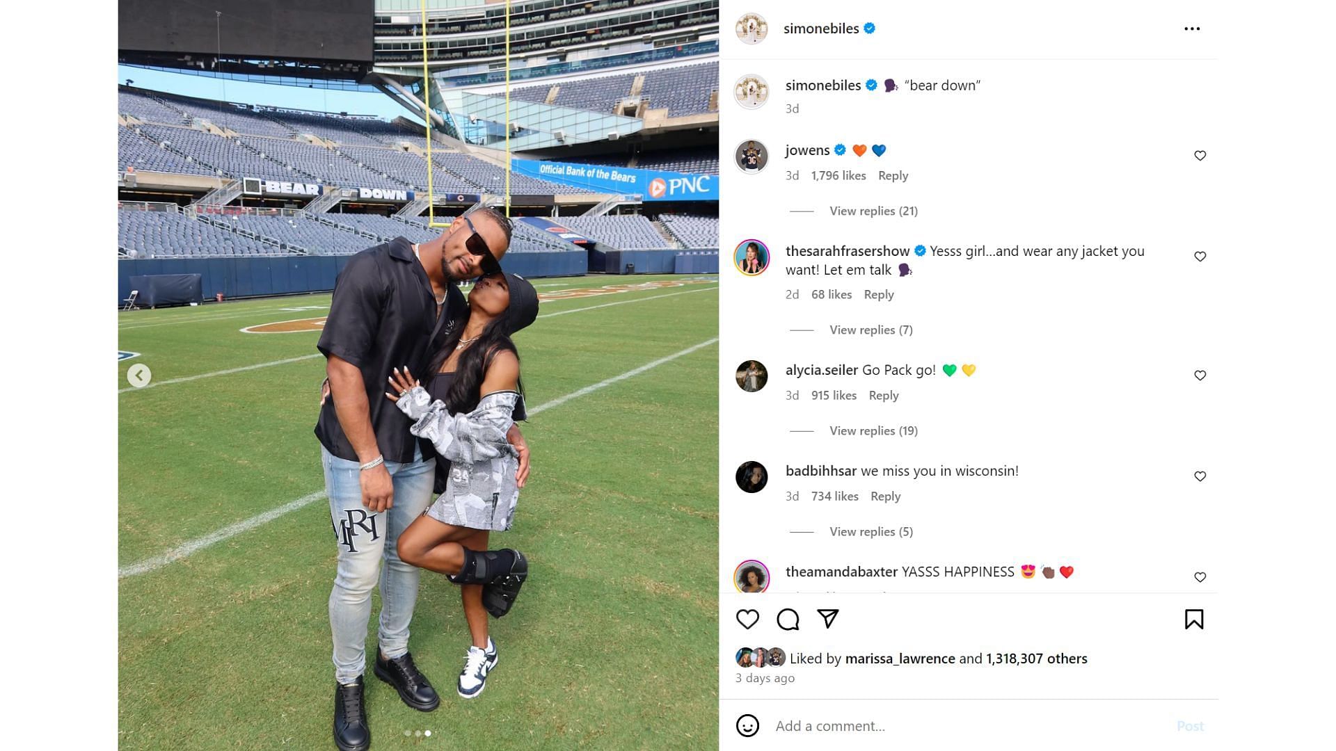 Simone Biles wears Packers jacket at husband Jonathan Owens&#039; preseason Bears game [Image credit: @simonebiles IG]