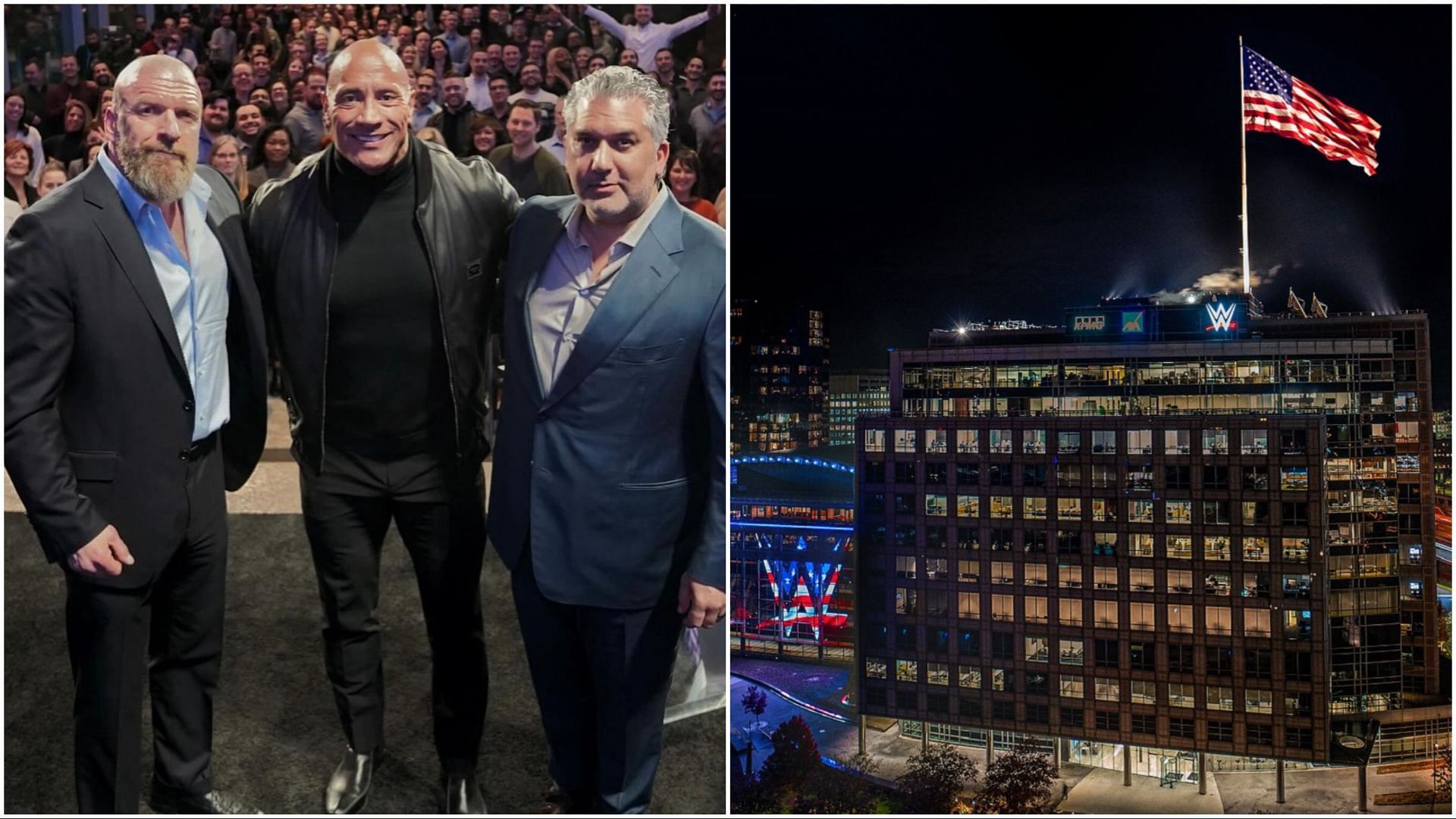 WWE officials Triple H, The Rock, Nick Khan; company HQ in Stamford, CT