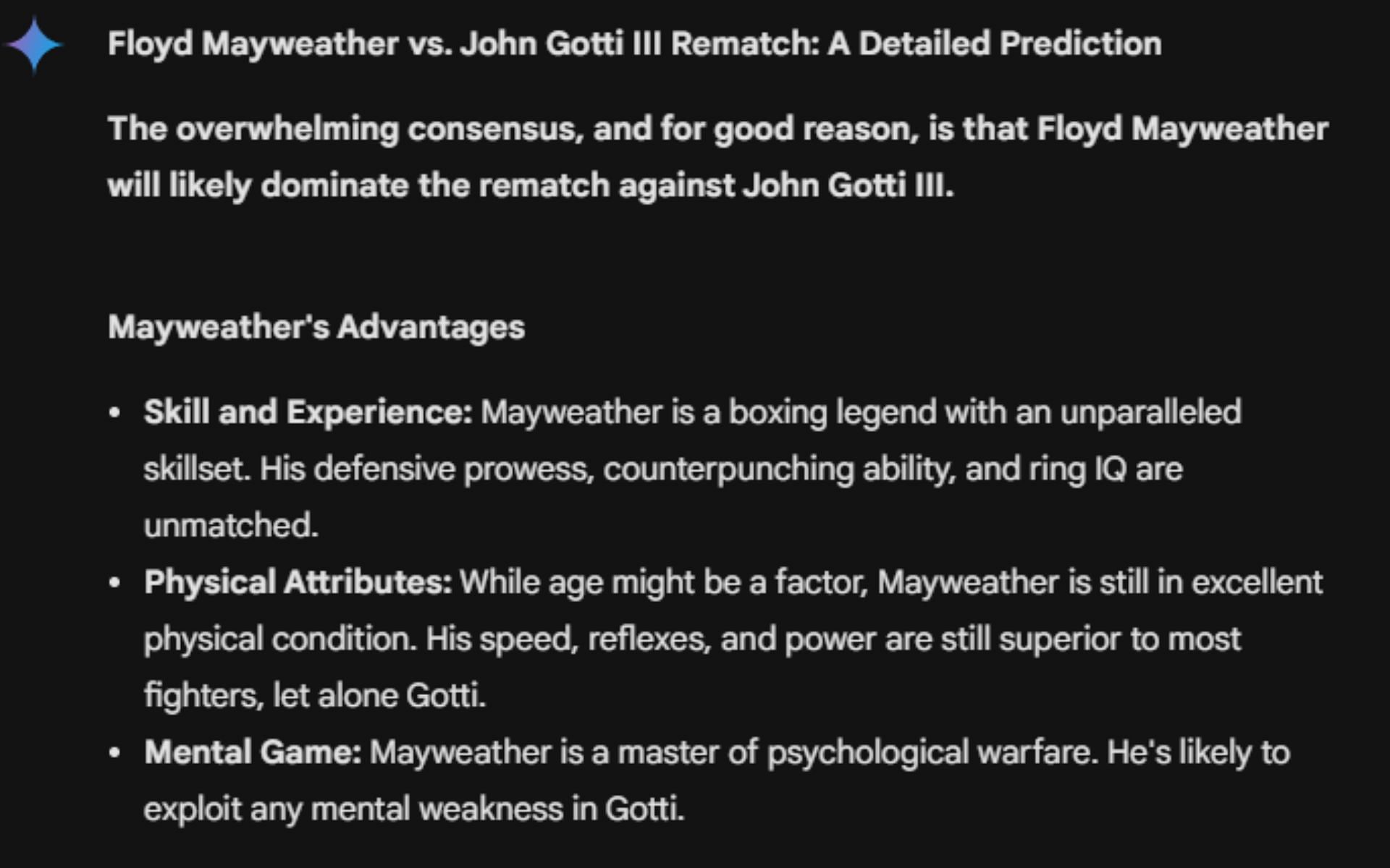 Google&#039;s AI prediction for Floyd Mayweather vs. John Gotti III