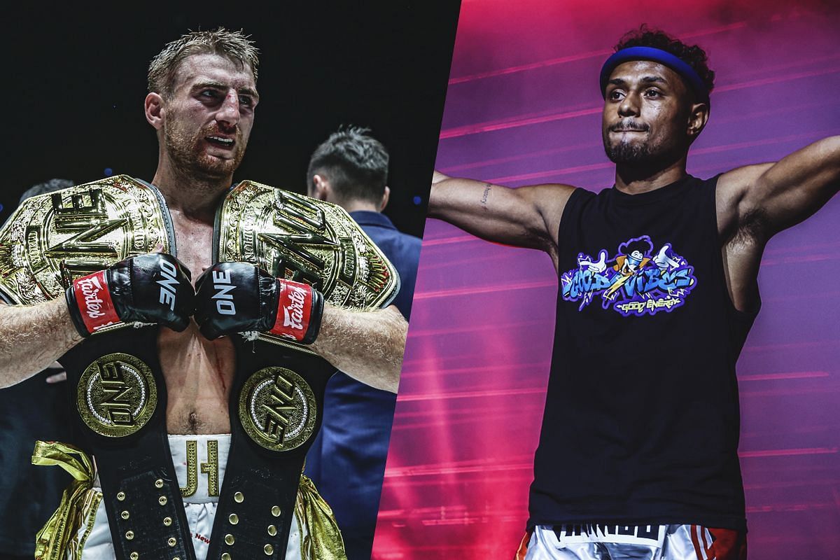 Jonathan Haggerty (left) successfully defended the ONE bantamweight Muay Thai world championship against Felipe Lobo (right). [Photos via: ONE Championship]