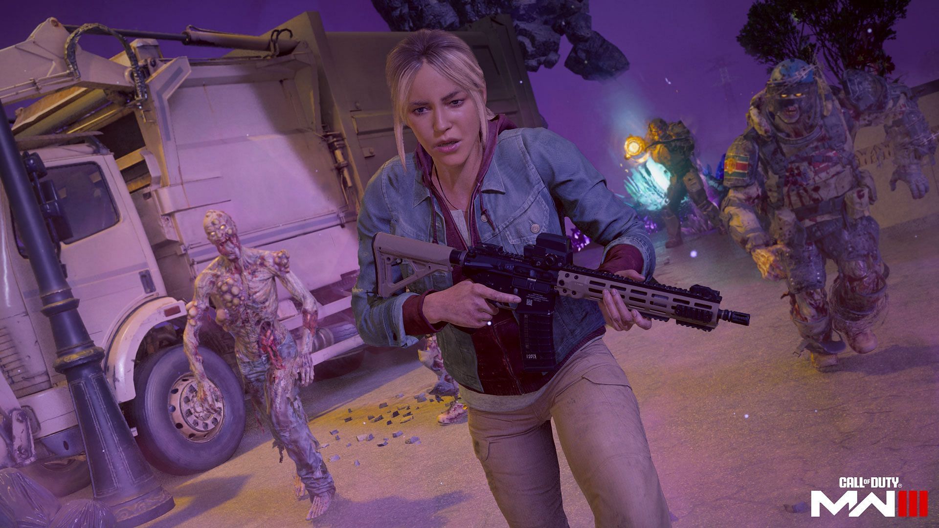 Dr Ava Jansen inside a Dark Aether rift with an M4 chased by zombies