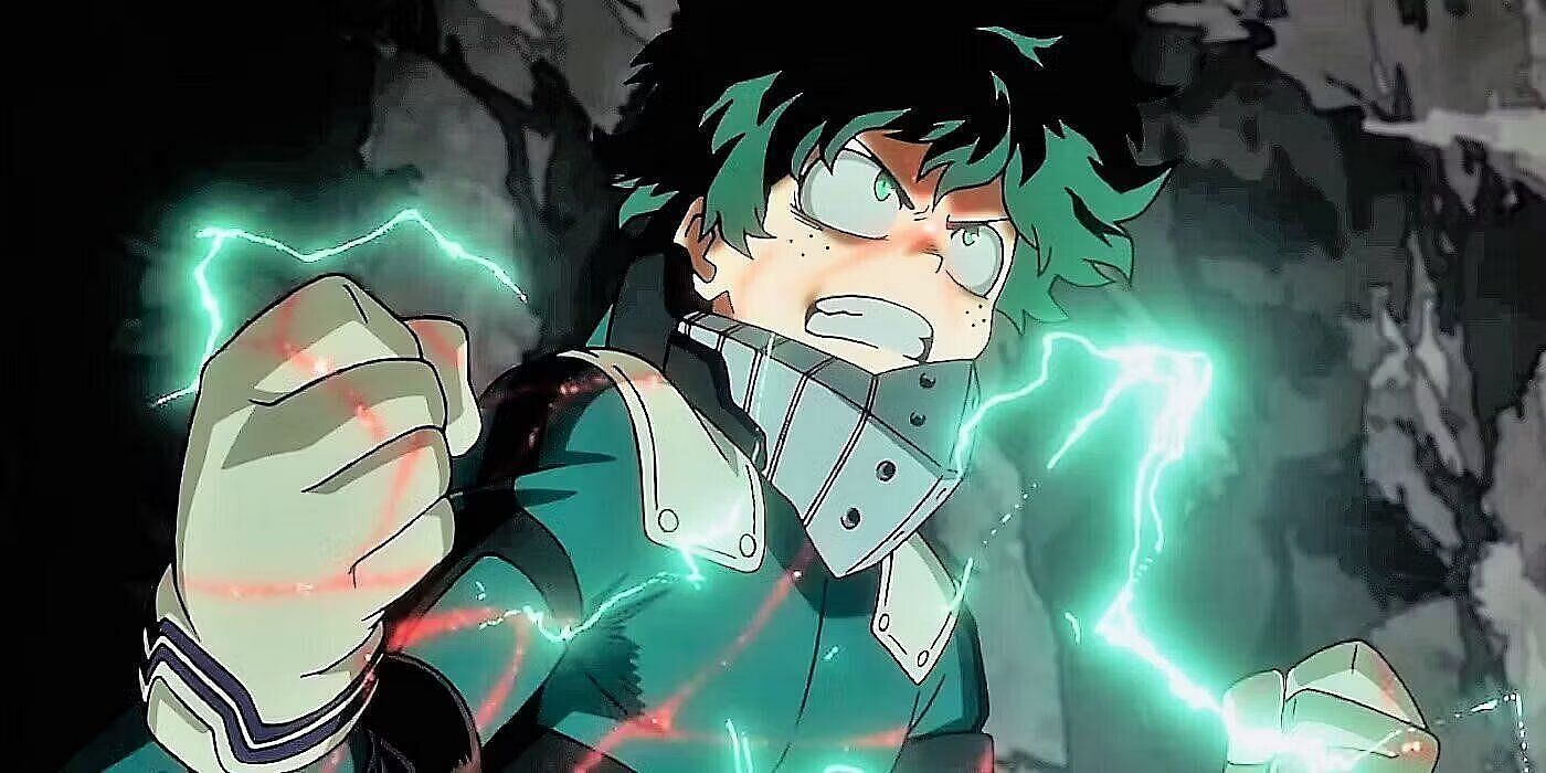 Deku using One For All in the anime (Image via Bones).