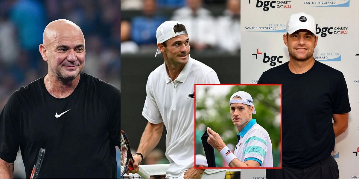 (L-R) Andre Agassi, Tommy Paul, Andy Roddick, and John Isner (inset). (Images via GETTY)