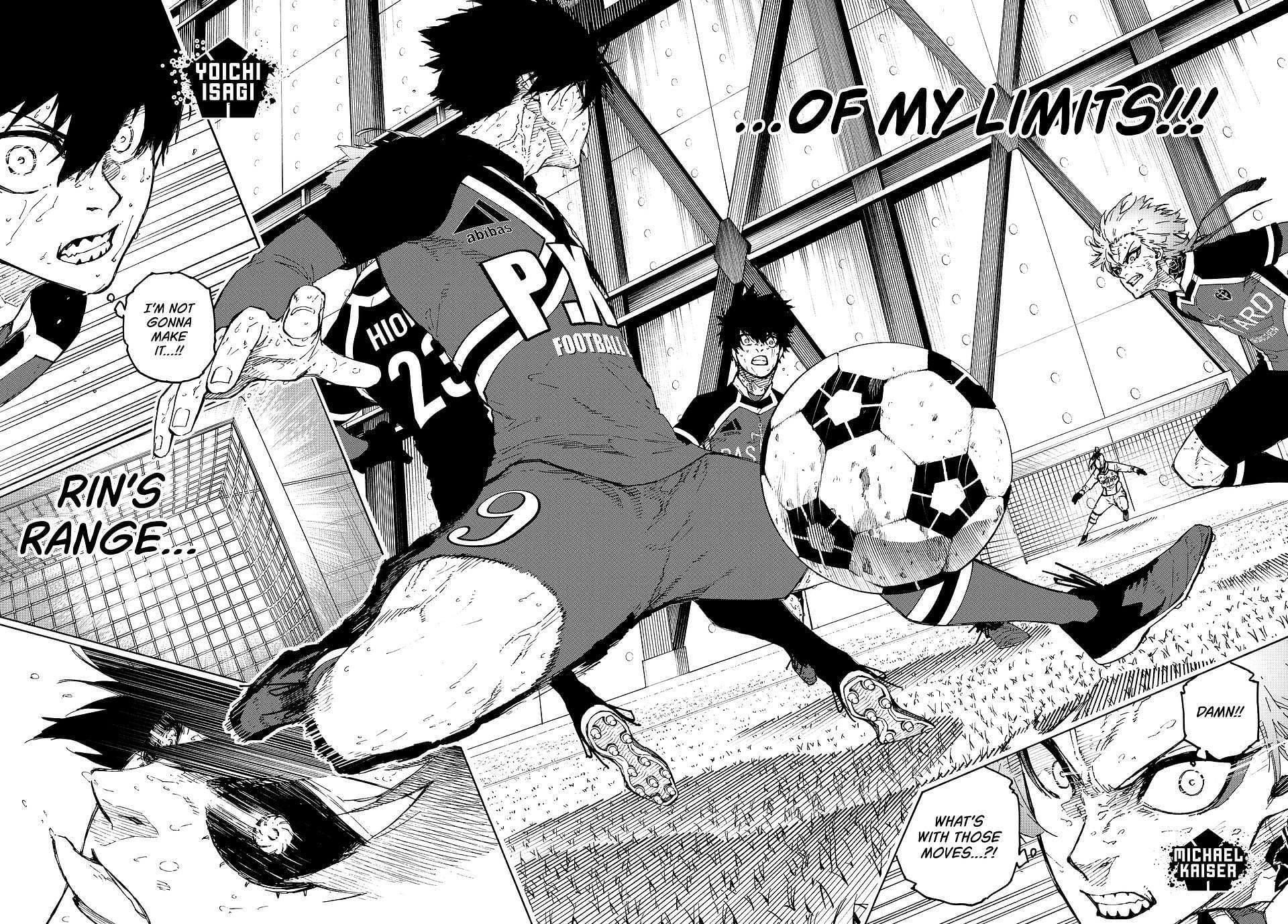 Yoichi Isagi and Michael Kaiser blocking Rin Itoshi&#039;s goal path (Image via Kodansha)