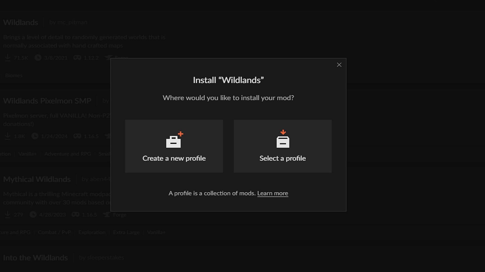 The install prompt for the Wildlands mod (Image via CurseForge)