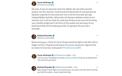 Screenshots of Conor McGregor and Michael Chandler's posts on X