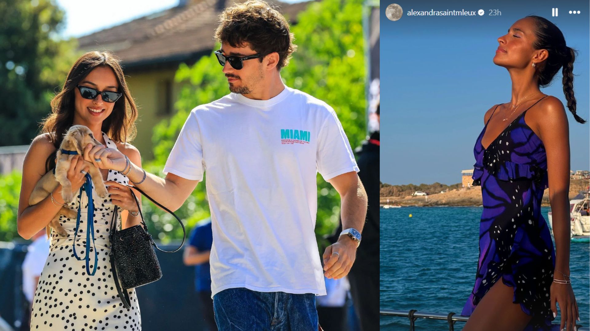 Left: Charles Leclerc entering the paddock at Imola with girlfriend Alexandra Saint Mleux and pet dog Leo during the Emilia-Romagna Grand Prix (Source: Getty). Right: Alexandra Saint Mleux during the summer break (Source: @alexandrasaintmleux on Instagram)