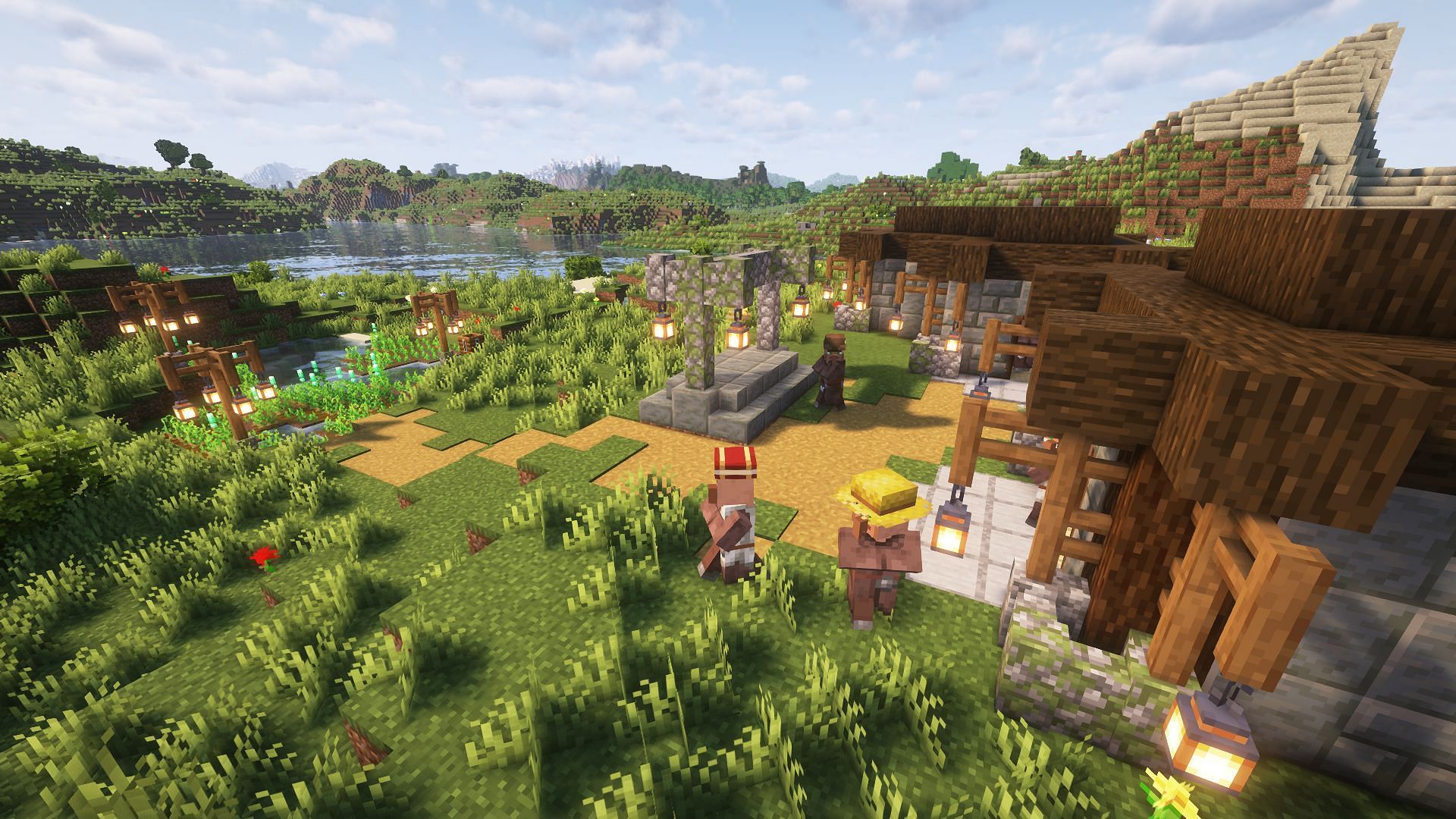 Villagers wandering around in a small custom Minecraft village (Image via Mojang)