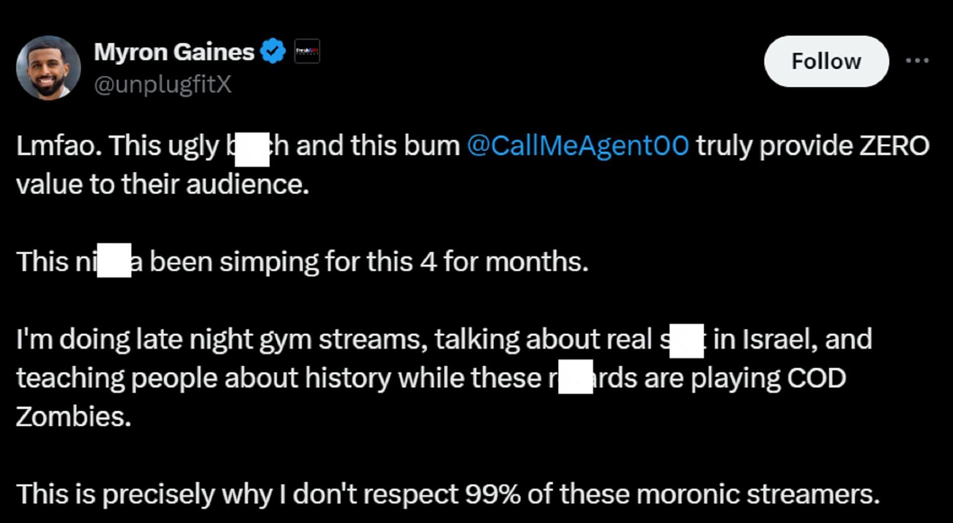 Myron Gaines goes off on Agent 00 and Cinna (Image via X/Myron Gaines)