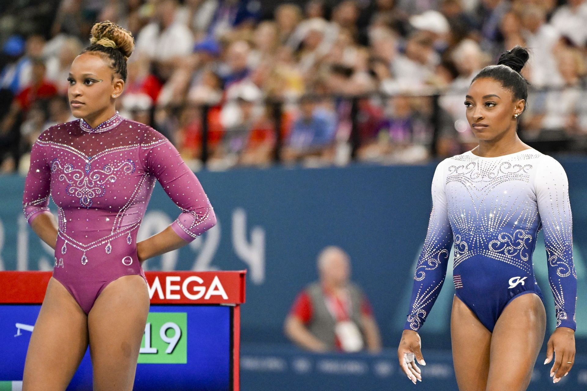 Rebeca Andrade (L) and Simone Biles (R) - Artistic Gymnastics - Olympic Games Paris 2024: Day 10 (Source: Getty)