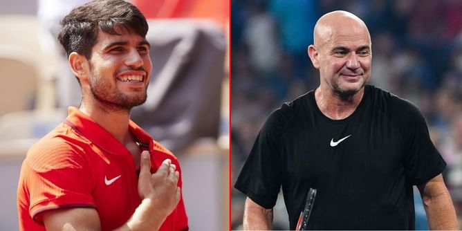Andre Agassi spots Carlos Alcaraz wearing Nike Air Tech Challenge 2 “Hot Lava” produced in collaboration with American during US Open 2024 1R