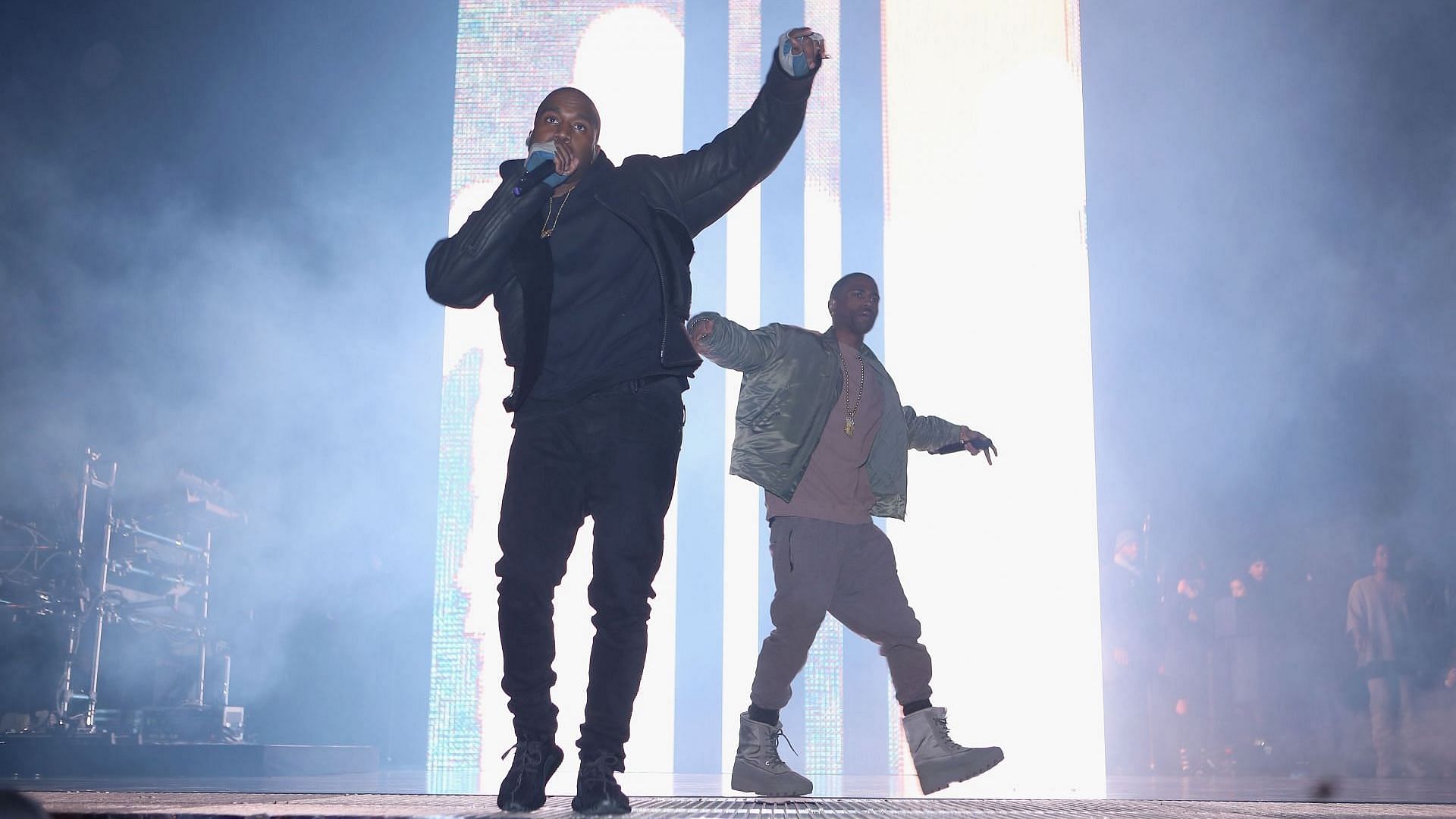 Hip-hop artists Kanye West and Big Sean perform during ROC NATION SPORTS on February 12, 2015, in New York City. (Photo by Jerritt Clark/Getty Images for Roc Nation)