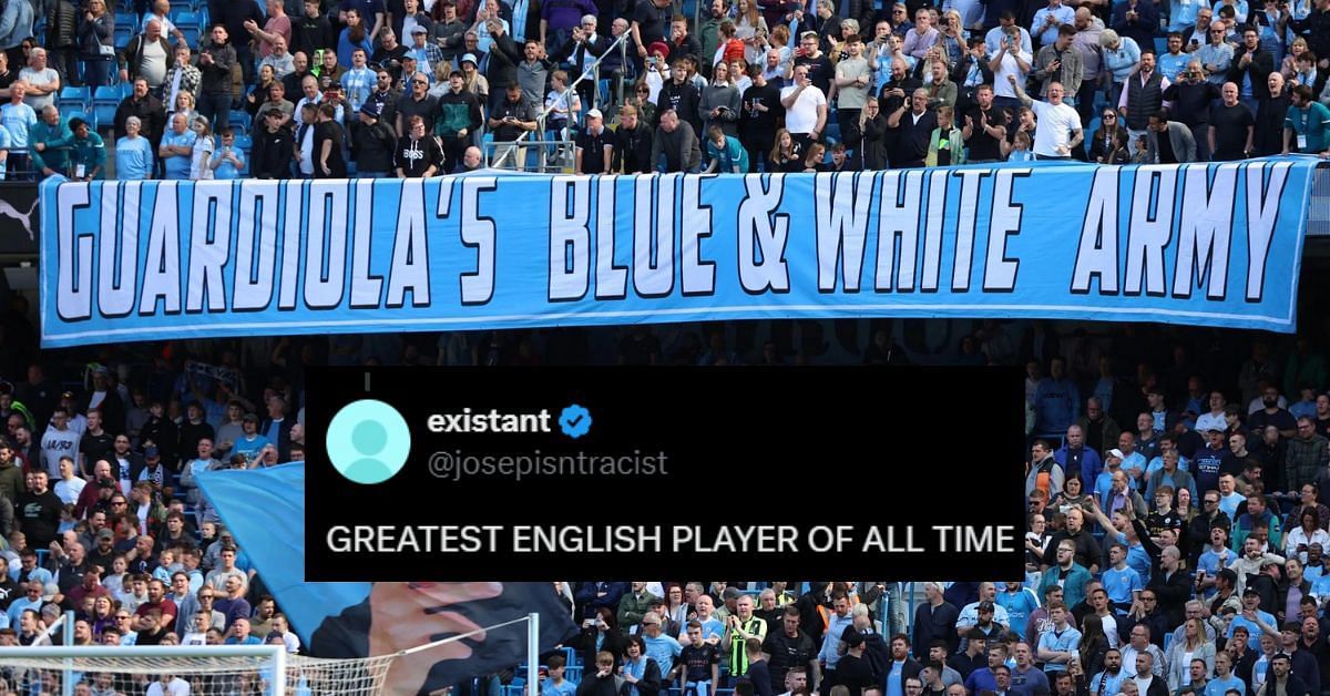 Manchester City fans (image via Getty and X)