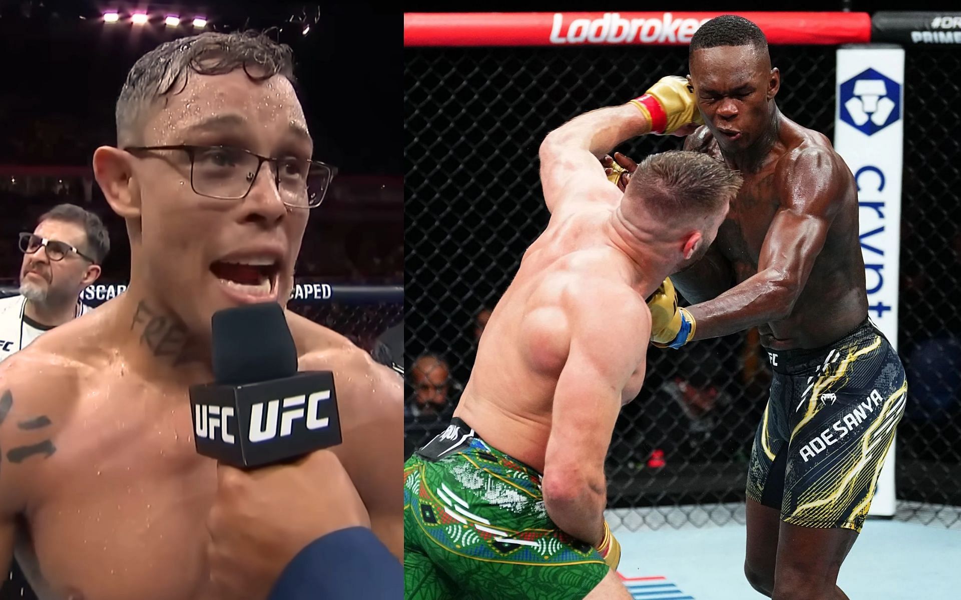 Caio Borralho (left) highlights the moment he thinks Israel Adesanya &quot;gave up&quot; against Dricus du Plessis (right) [Images courtesy: Getty Images, @ufc on YouTube]