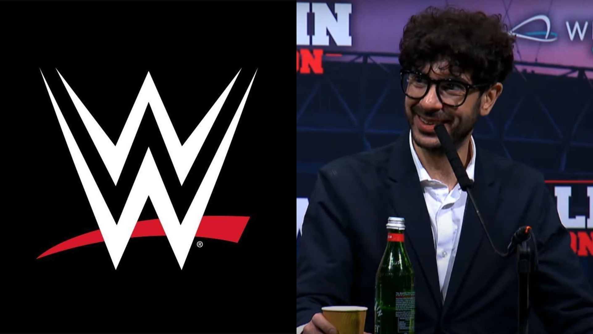 WWE logo (left) and AEW president Tony Khan (right). (Image credits: WWE Facebook page &amp; AEW YouTube channel)