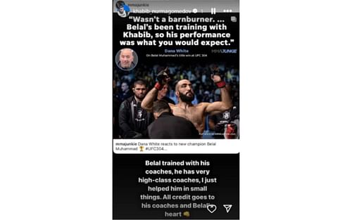 Khabib Nurmagomedov clears the air regarding involvement in Belal Muhammad's camp. [Screenshot courtesy of @khabib_nurmagomedov on Instagram]