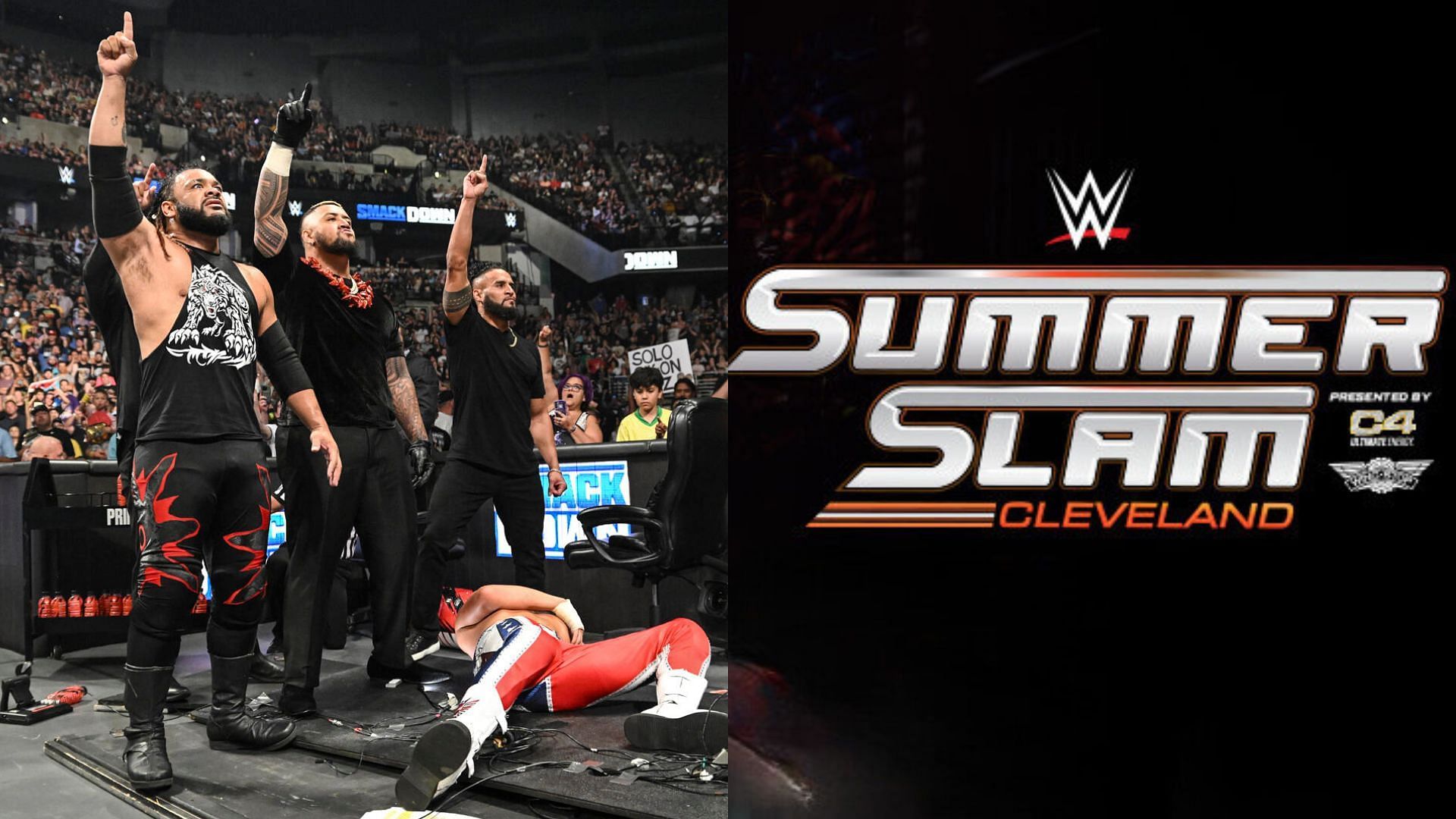 The Bloodline (left) and SummerSlam logo (right). (Image credits: wwe.com &amp; WWE Twitter page)