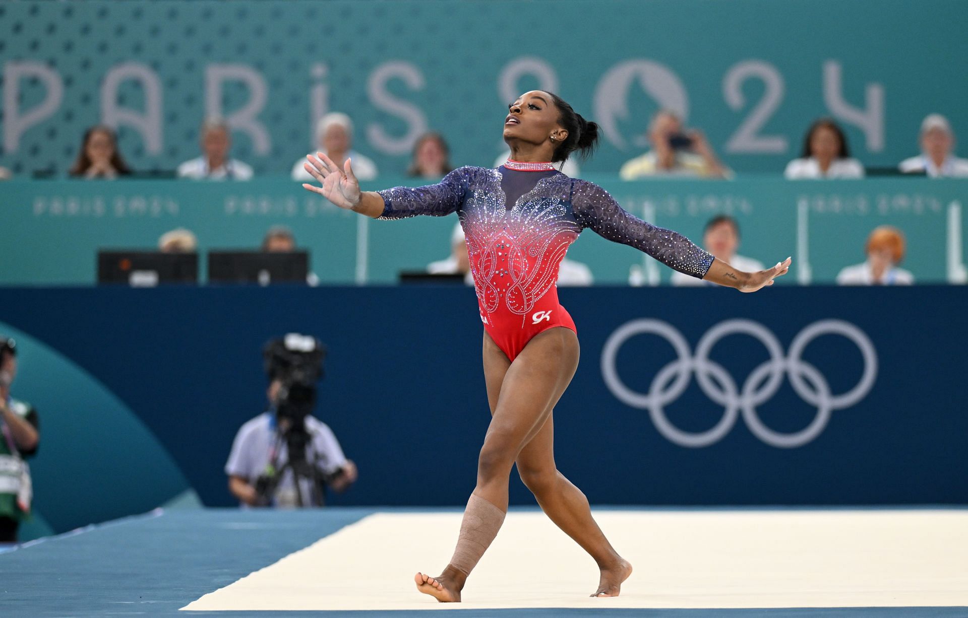 Simone Biles from the USA performs on floor at the Paris Olympics 2024 (Photo by Marijan Murat/picture alliance via Getty Images)