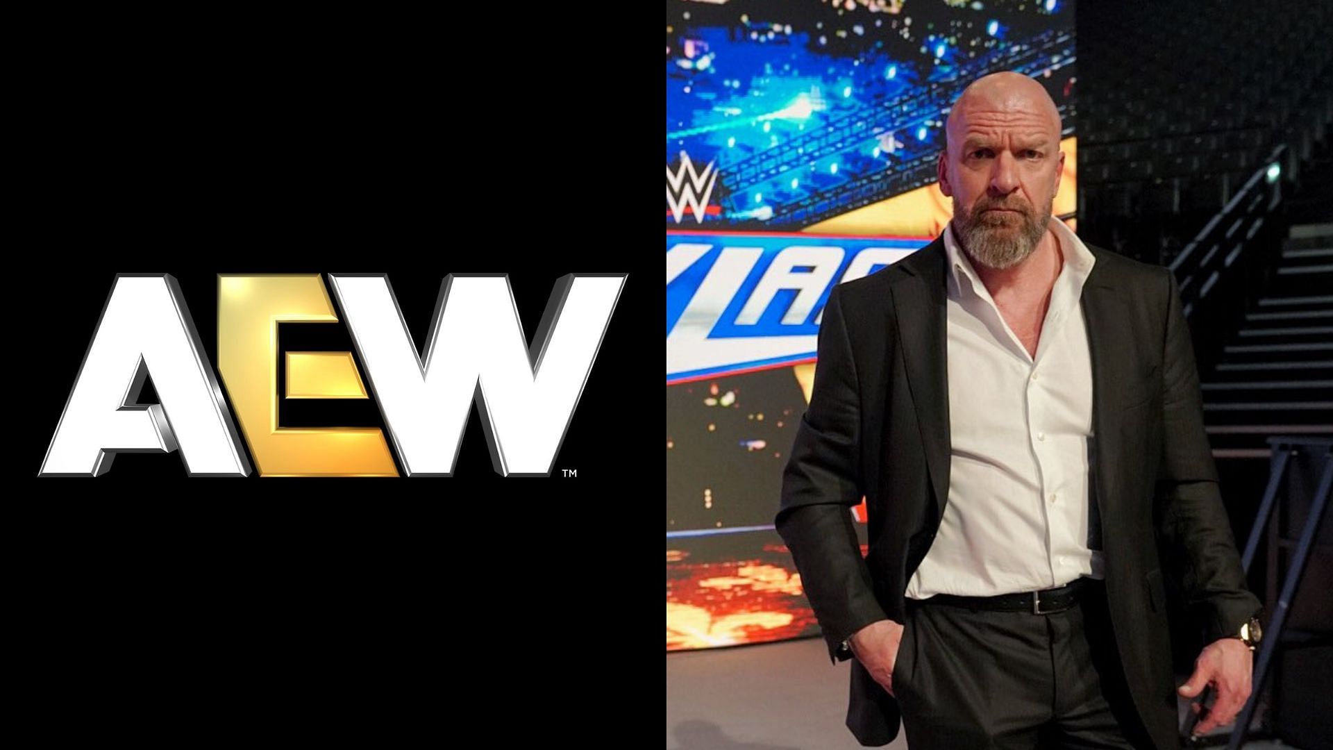 AEW logo (left) and WWE CCO Triple H (right). (Image credits: AEW Facebook page &amp; Triple H