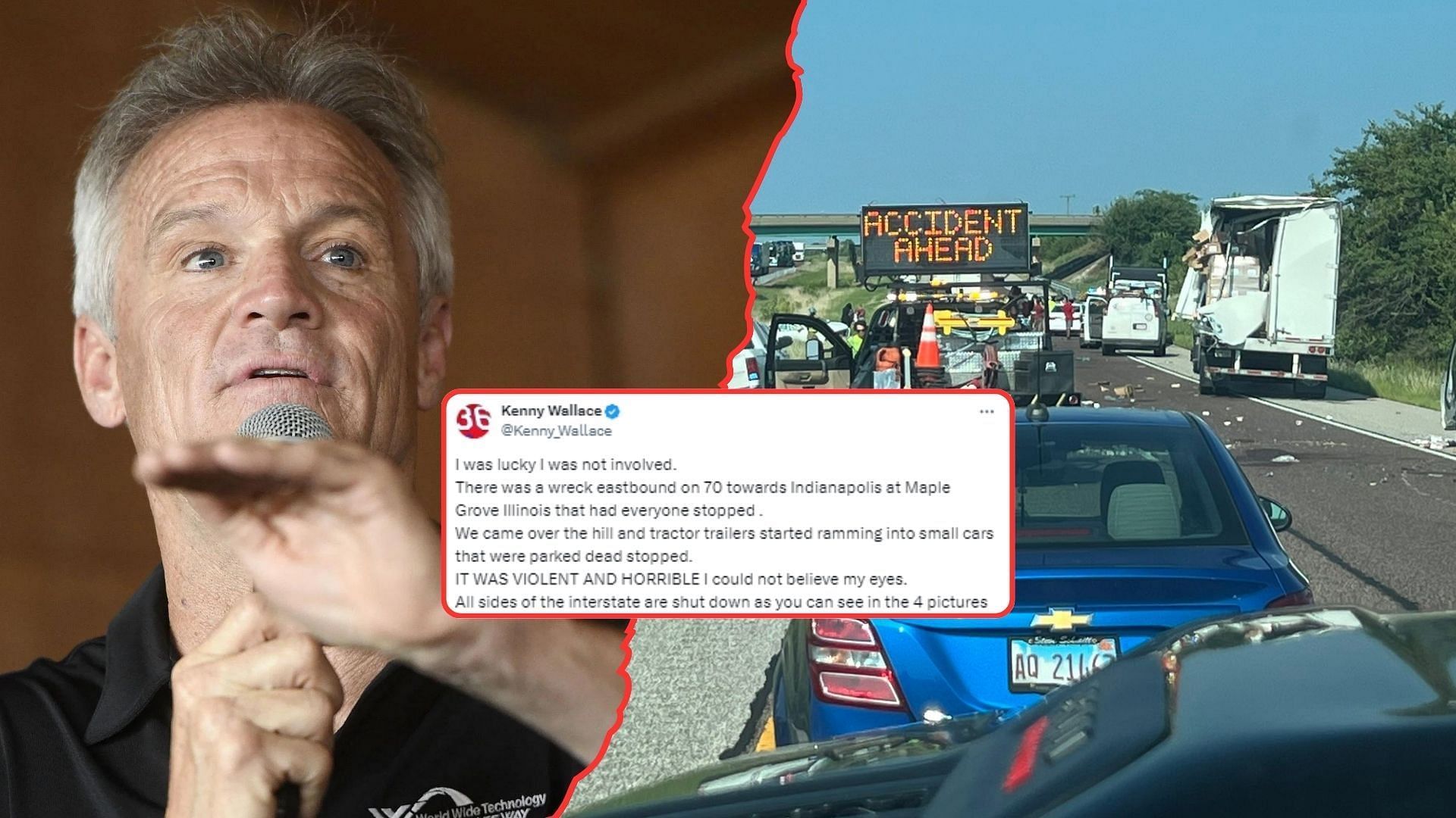 Kenny Wallace shares an update on the Interstate 70 pileup (Image: (L- Getty) (Right and tweet- @Kenny_Wallace on X))