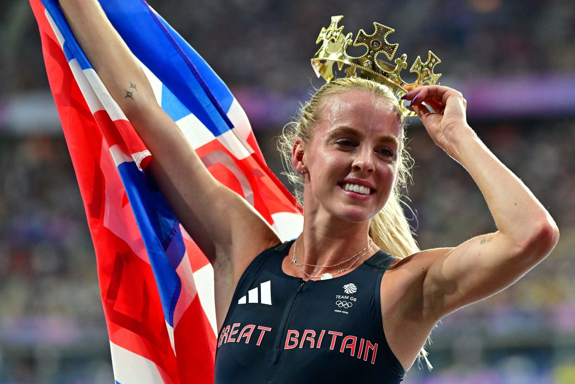 Keely Hodgkinson of Team Great Britain celebrates with a crown during the Women&#039;s 800m Final at the Olympic Games 2024 in Paris, France. (Photo via Getty Images)