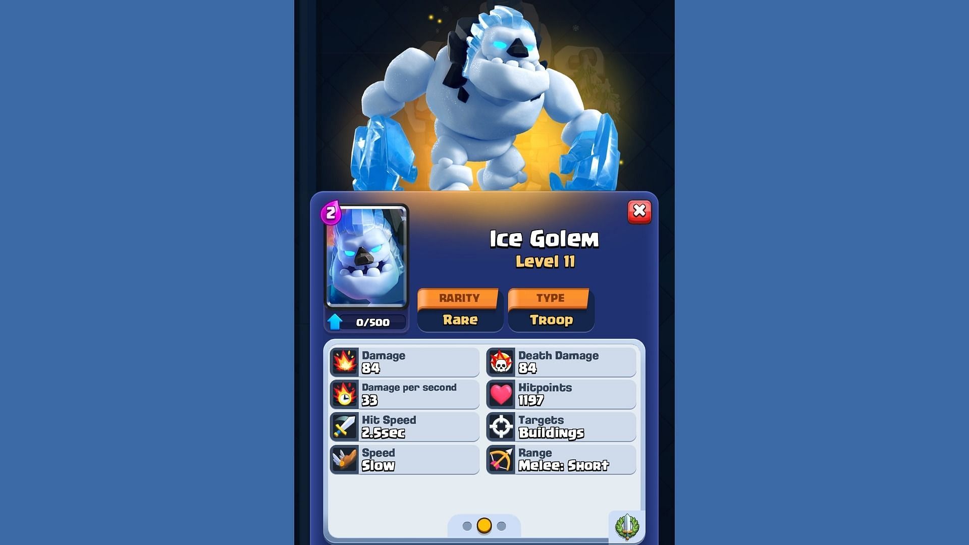 Stats of Ice Golem in Clash Royale (Image via Supercell)