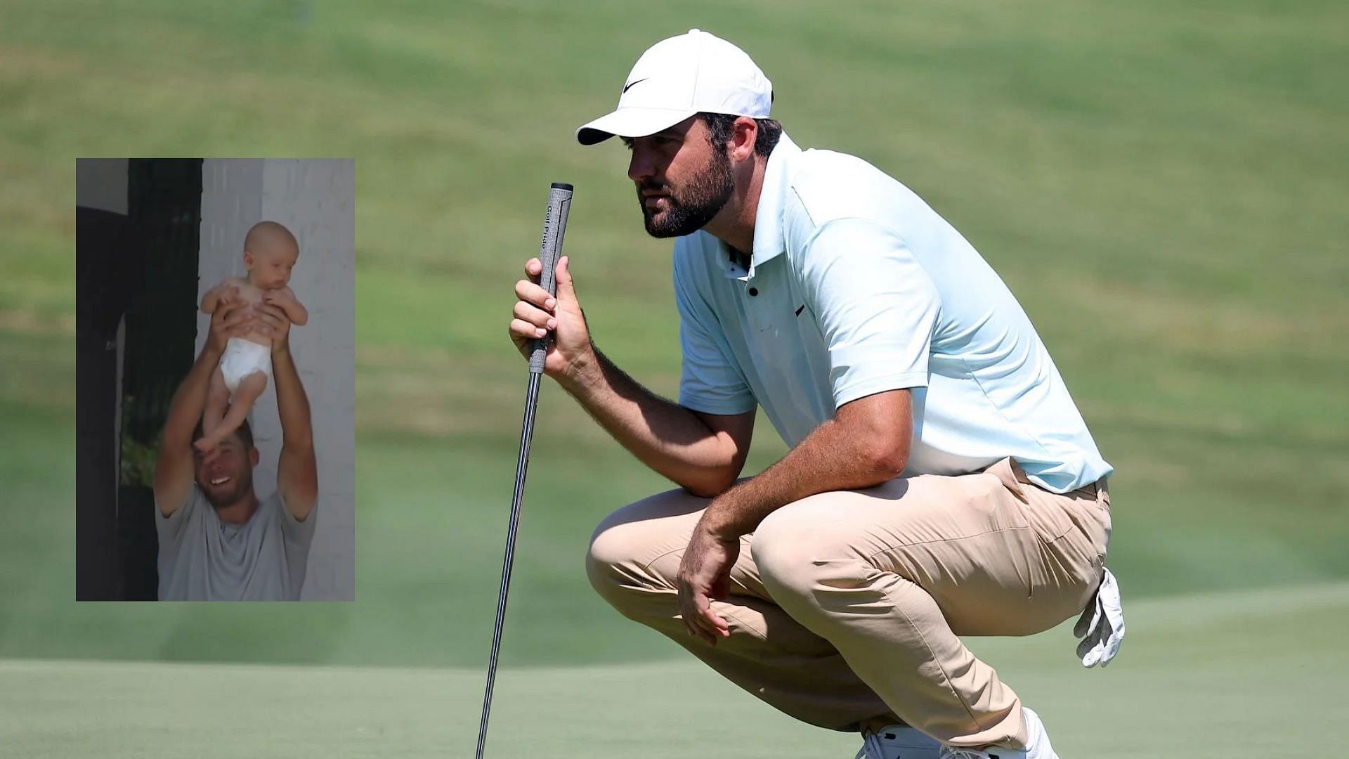 Scottie Scheffler and Sam Burns holding Bennett (Images via Getty and @PGATour/X)