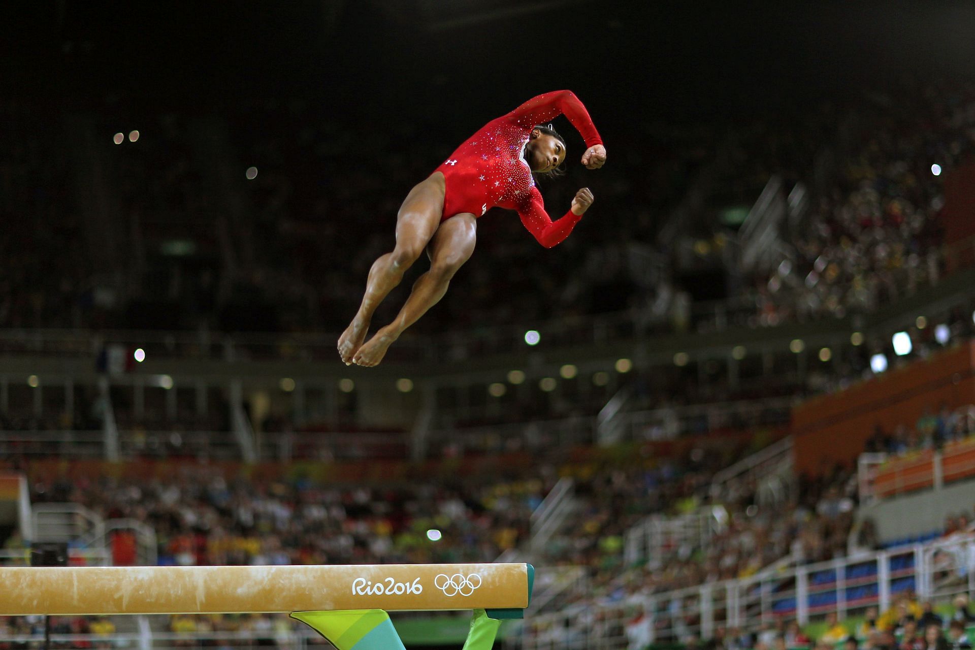 Simone Biles of the USA performing her routine during the Balance Beam finals at the Rio Olympics 2016 [Image Source: Getty]