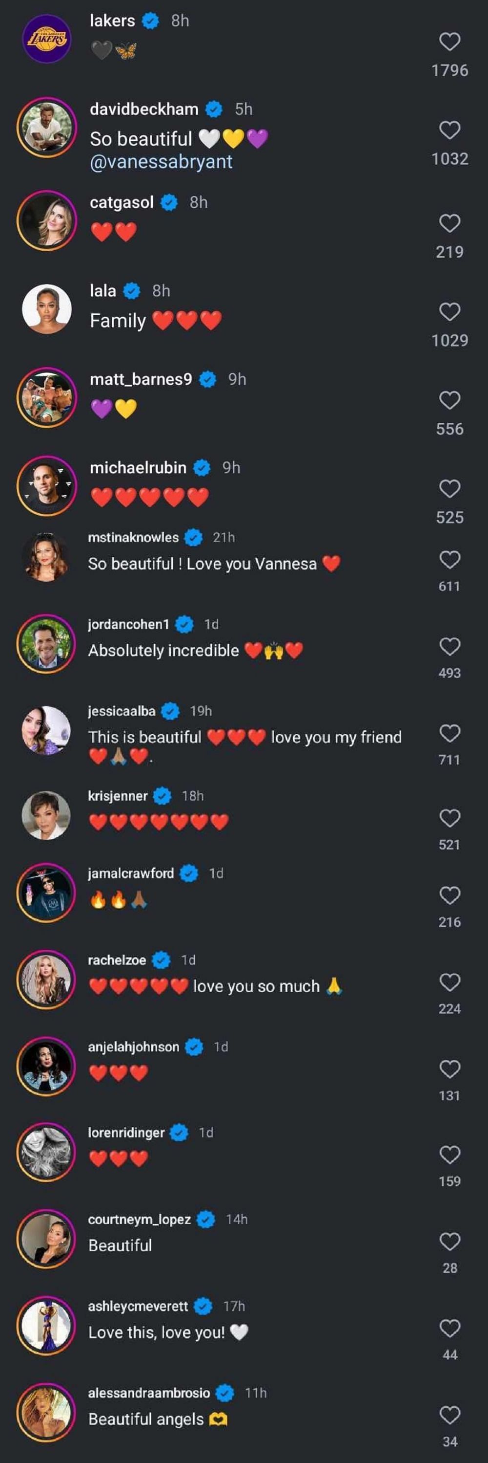 Celebrities comment on Vanessa Bryant&#039;s post on Instagram. (Photo: Screengrabbed from Vanessa\s IG post)