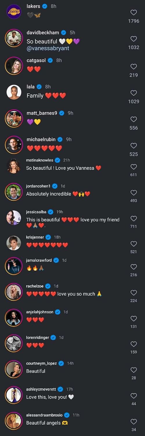 Celebrities comment on Vanessa Bryant's post on Instagram. (Photo: Screengrabbed from Vanessa\s IG post)